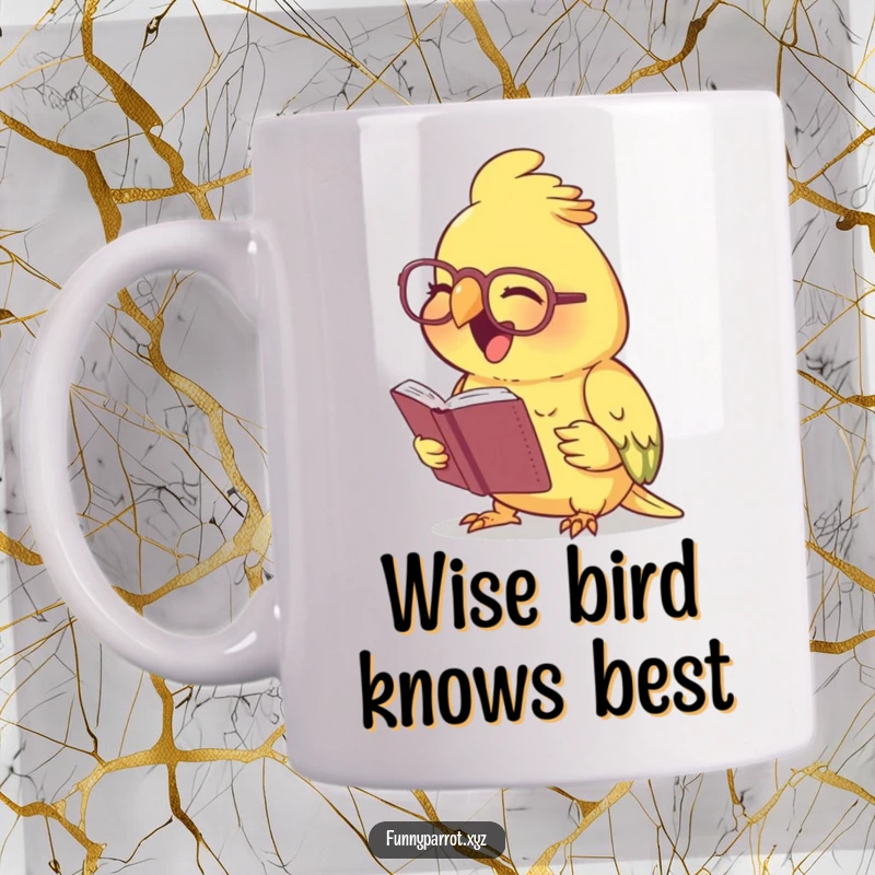 Funny laughing parrot mug featuring a parrot wearing tiny spectacles, reading a small book and chuckling, conveying intelligent humor.