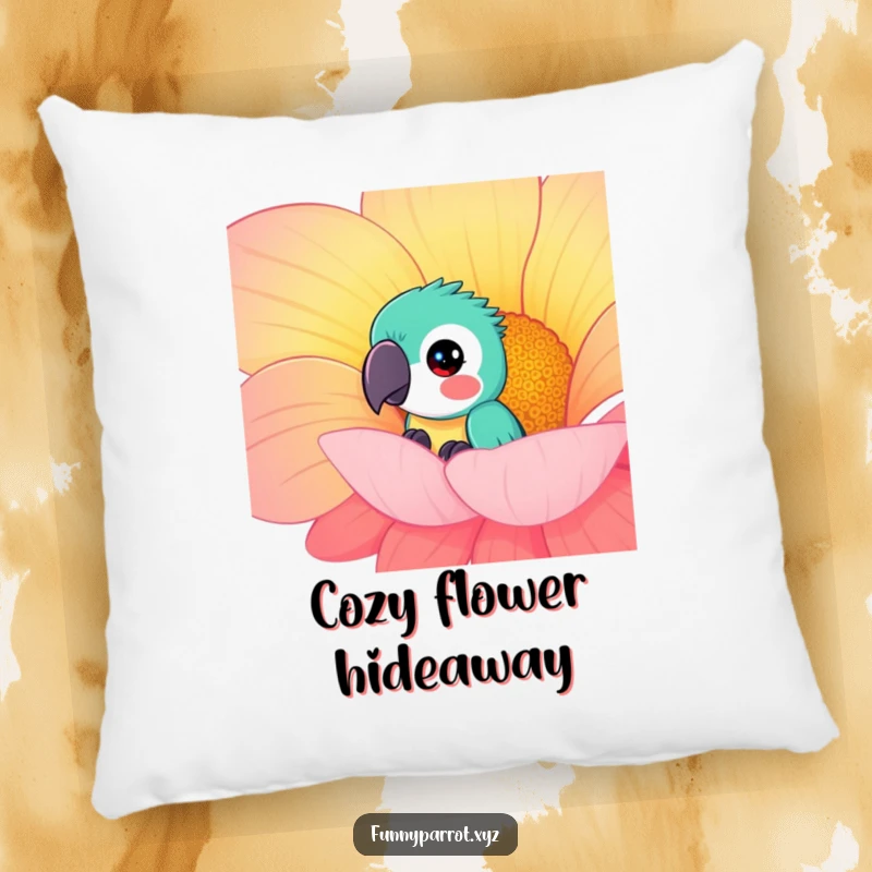 Funny curious parrot pillow showing a parrot peeking out from behind a large, colorful flower, providing comfort and playful charm.