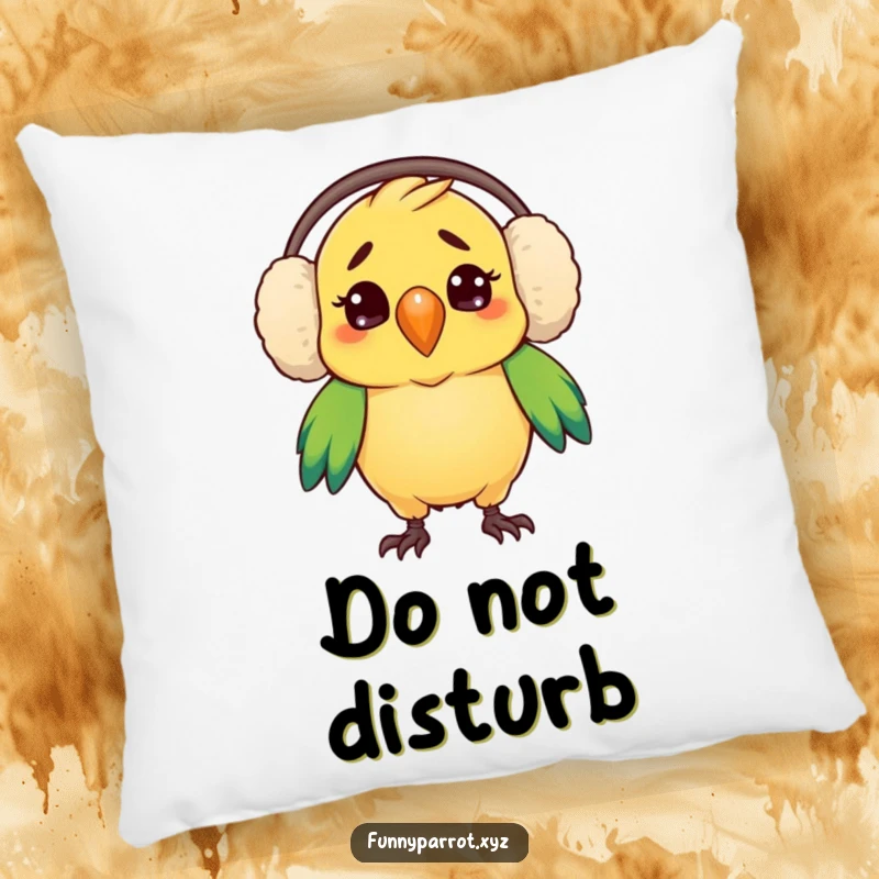 Funny pillow showcasing a parrot's comically confused expression while wearing oversized earmuffs, perfect for comfort and laughs.