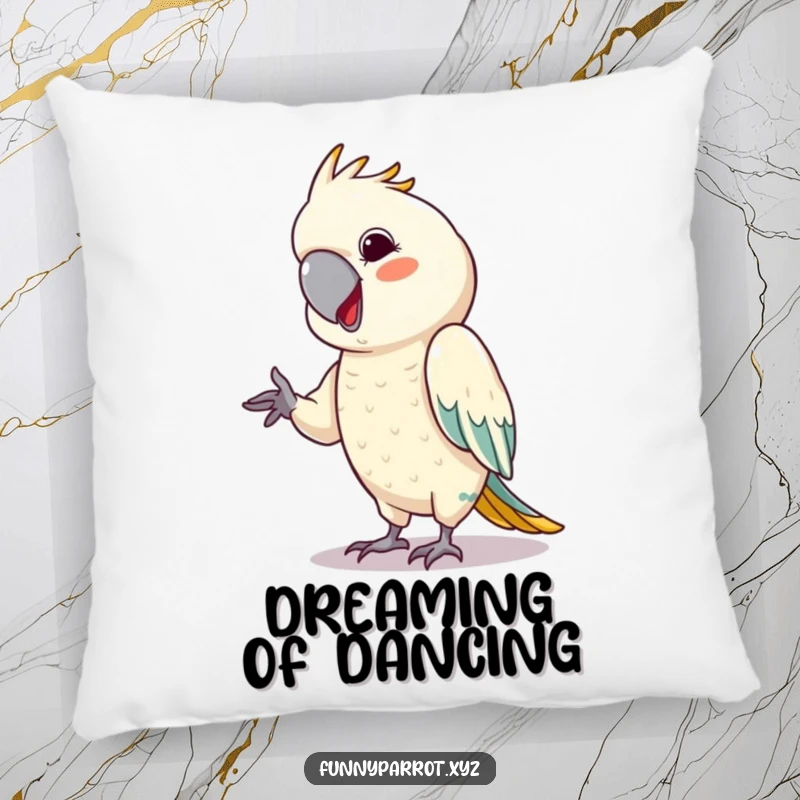 Funny parrot pillow depicting a bird with a cheeky grin, performing a tiny dance move.