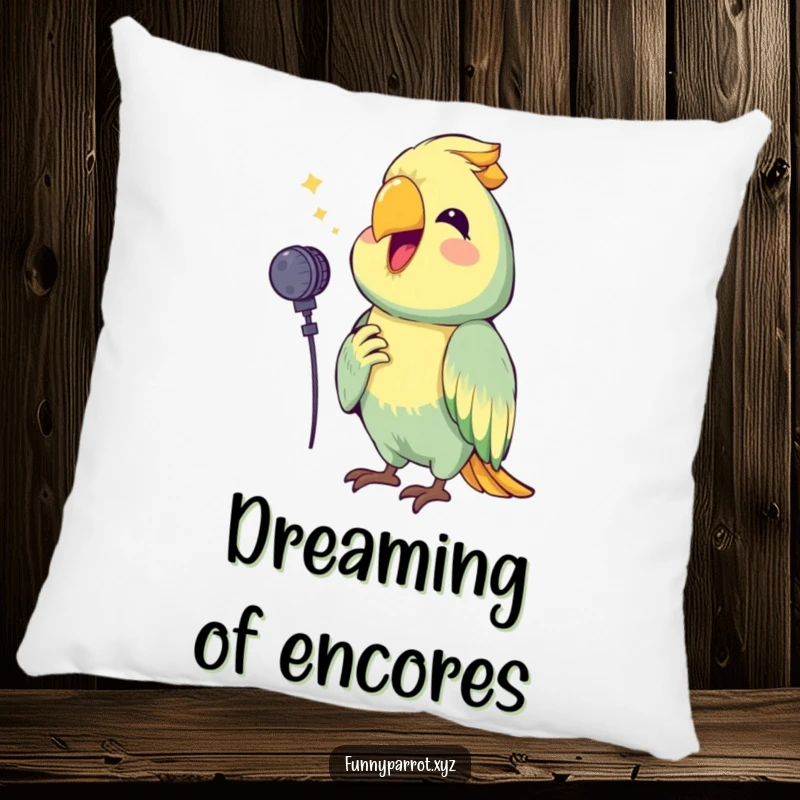 Funny decorative pillow featuring a happy parrot holding a tiny microphone, squawking a cheerful tune, perfect for adding musical humor to any room.