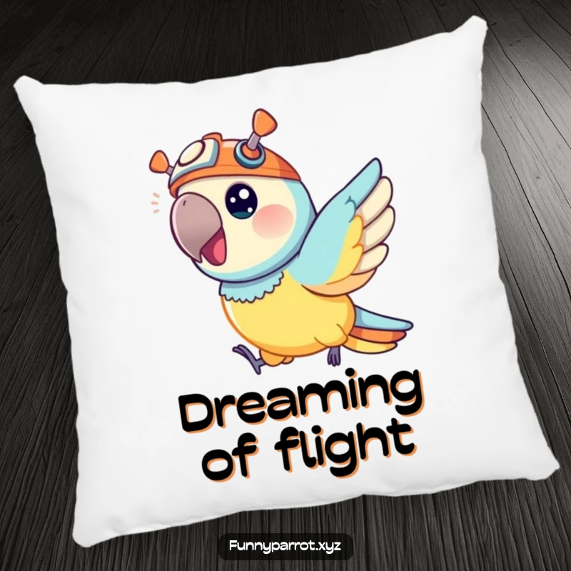 Funny pillow featuring a vibrant parrot with a small propeller hat, joyfully zipping through the air for a splash of fun.