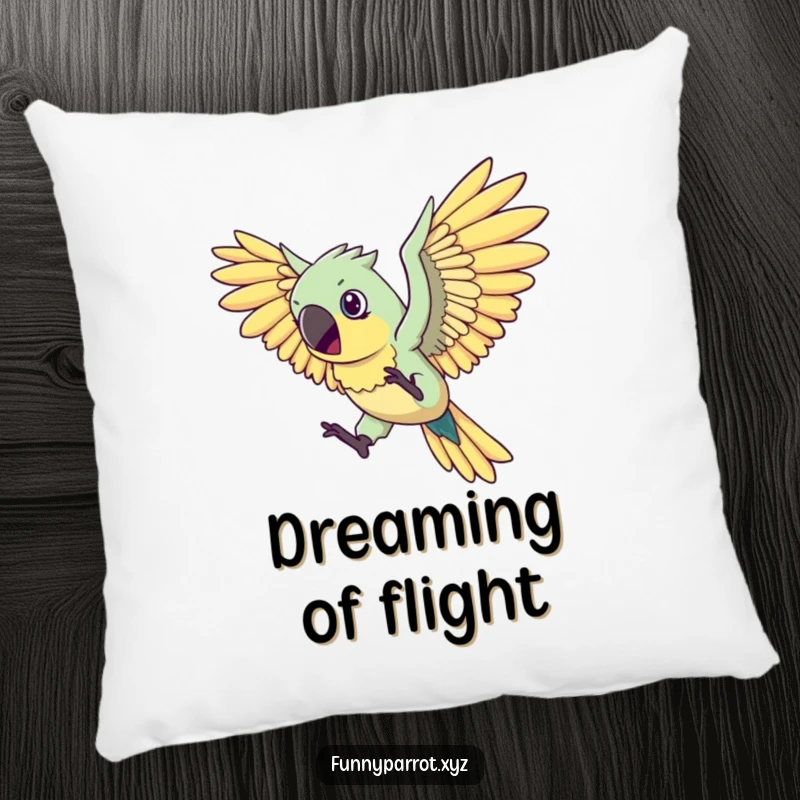 Funny flying parrot pillow showing a determined parrot with large, comical wings attempting to fly, providing comfort and humorous inspiration.