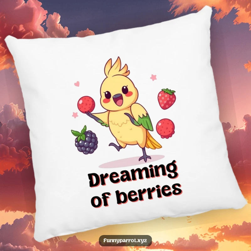 Funny parrot pillow depicting a playful bird skillfully juggling three colorful berries.