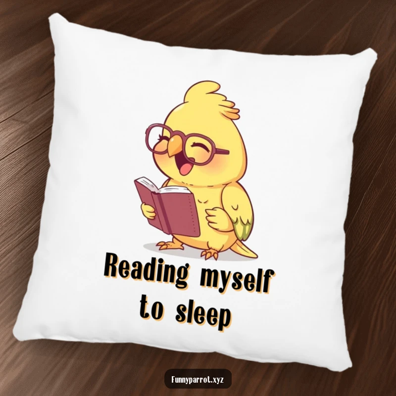 Funny laughing parrot pillow showing a parrot wearing tiny spectacles, reading a small book and chuckling heartily, providing comfort and humor.