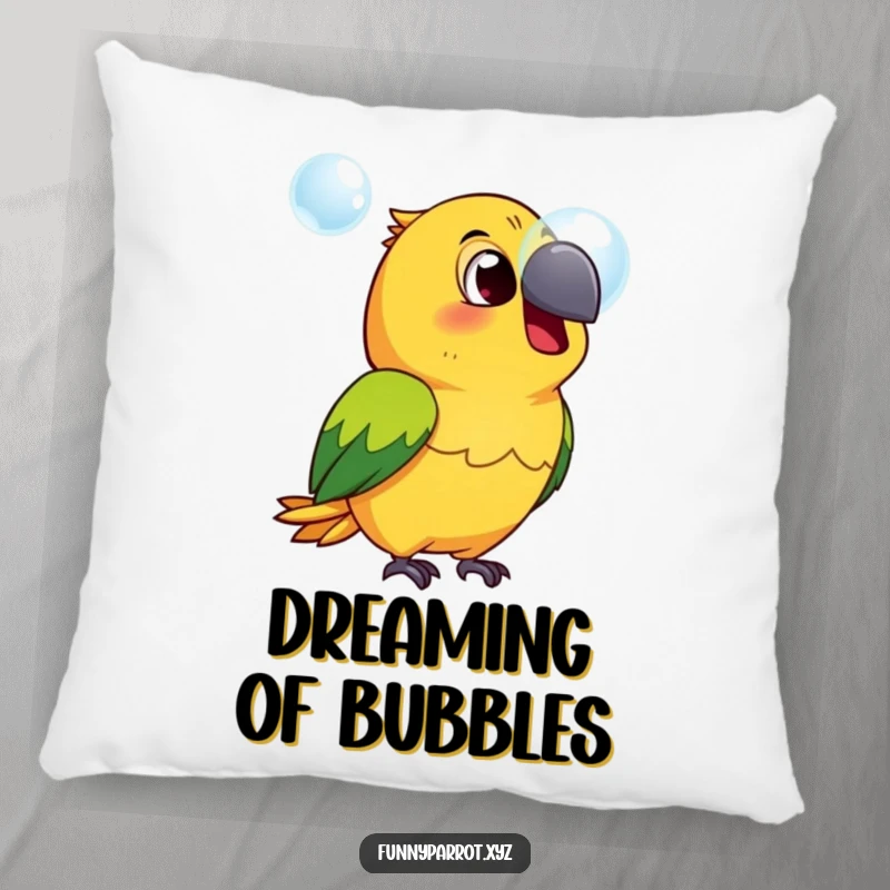 Funny surprised parrot pillow featuring a startled parrot with beak slightly open, gazing at a floating bubble, providing comfort and humor.