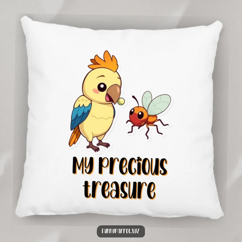 Funny pillow with a parrot offering a shiny bead to a friendly bug, a cute and humorous accent piece.