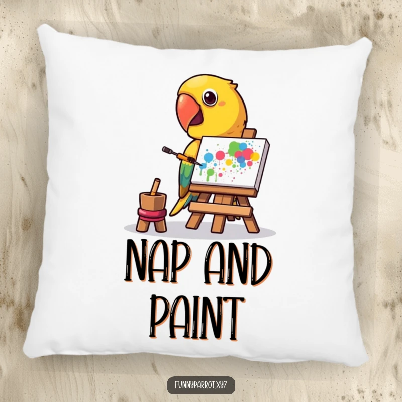 Funny pillow showcasing a parrot painting a vibrant abstract splatter with its beak, perfect for comfort and artistic inspiration.