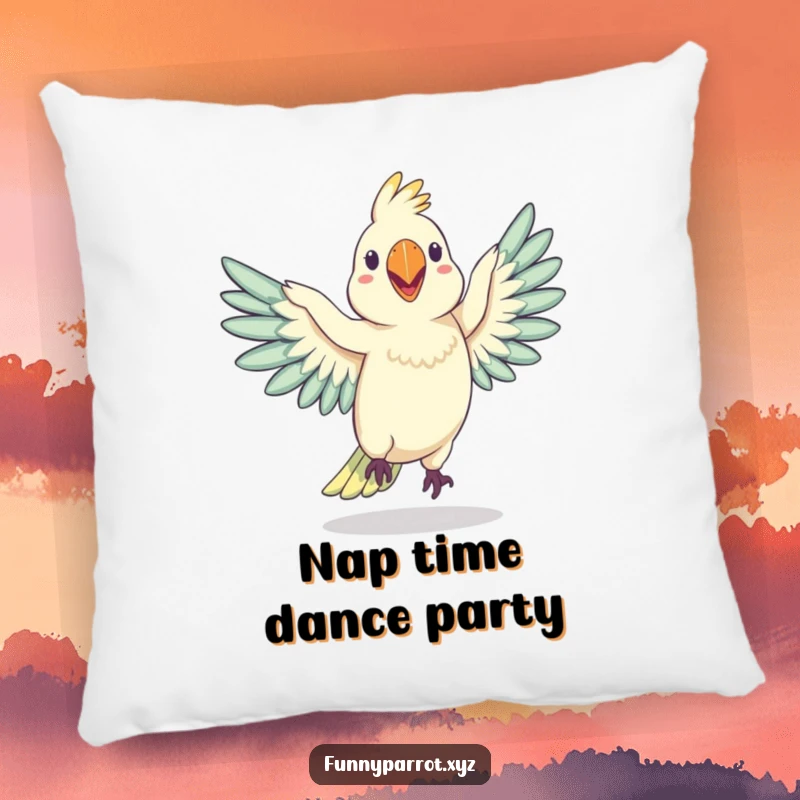 Funny decorative pillow featuring a silly parrot doing a hilarious, wobbly dance with its wings outstretched, perfect for adding humor to any space.