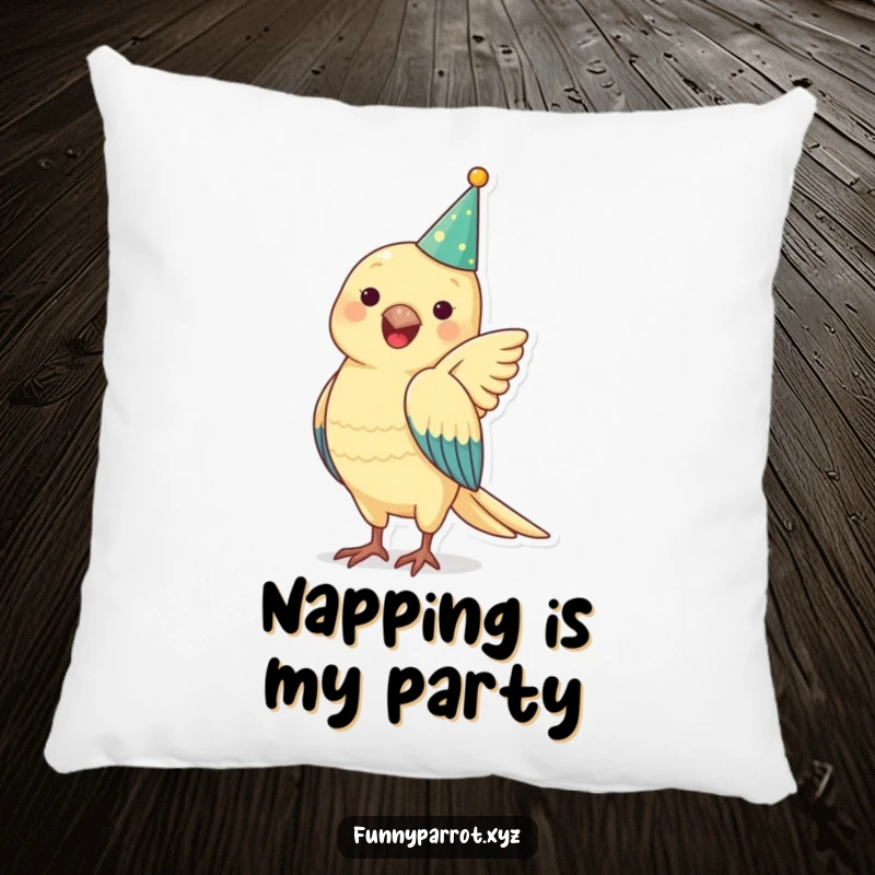 Funny parrot pillow showcasing a happy parrot in a party hat, flapping its wings merrily, for cozy, humorous decoration.