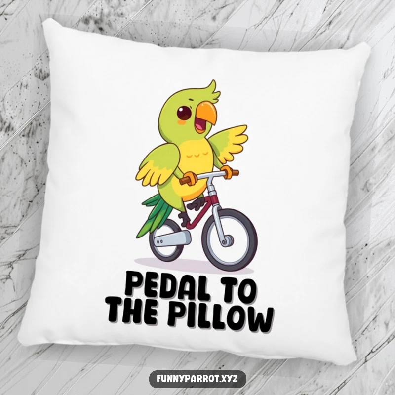 Funny pillow showcasing a parrot's cheerful and determined ride on a unicycle, perfect for comfort and inspiration.