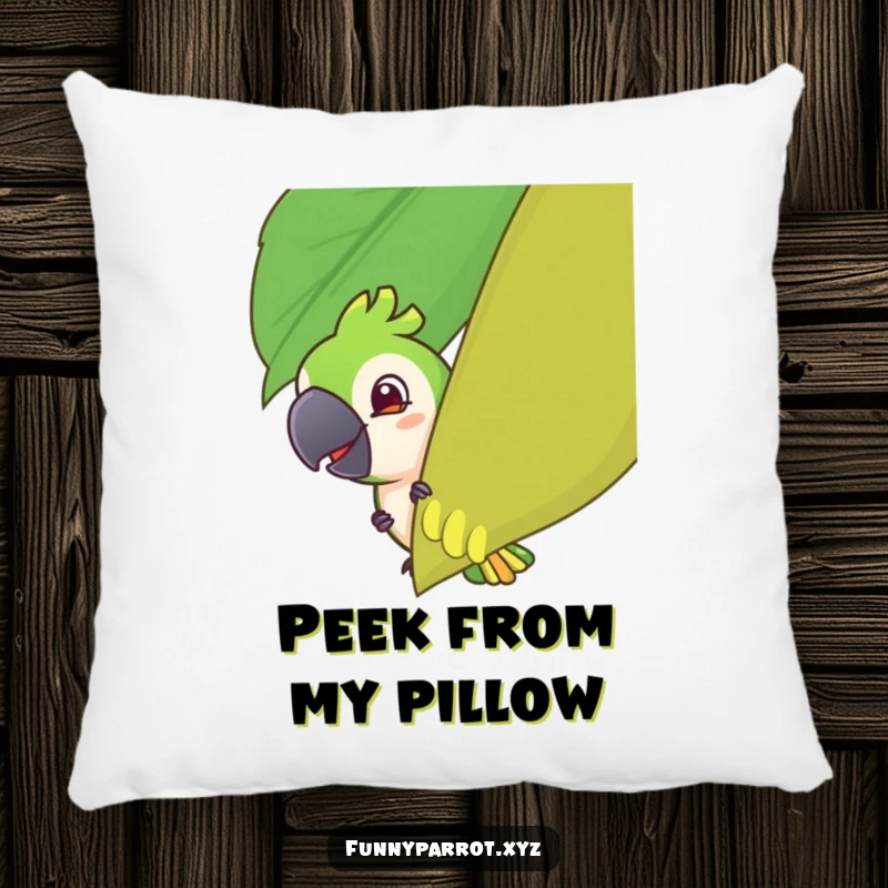 Funny pillow showcasing a parrot's mischievous grin as it playfully peeks from behind a tropical leaf, perfect for comfort and laughs.