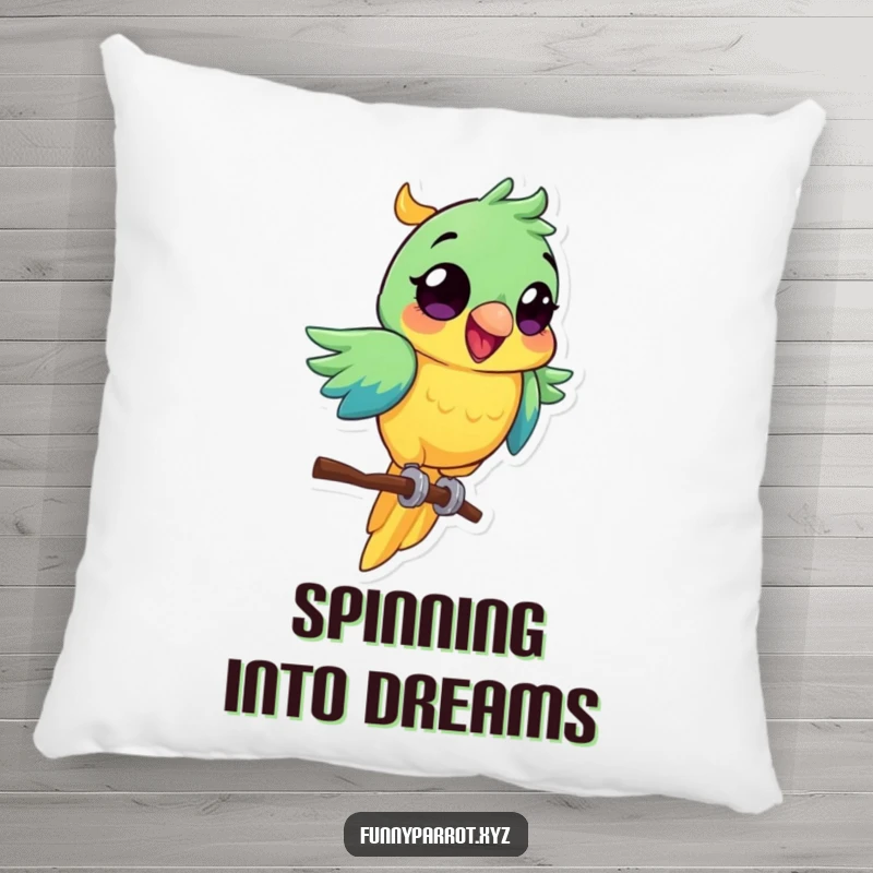 Funny parrot pillow depicting a vibrant bird with wide eyes, excitedly spinning on a perch.