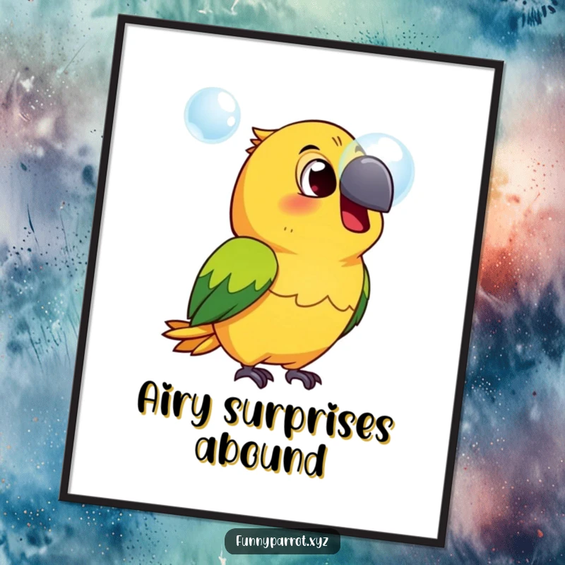 Funny surprised parrot digital art print showing a parrot in a state of shock and surprise looking at a floating bubble.