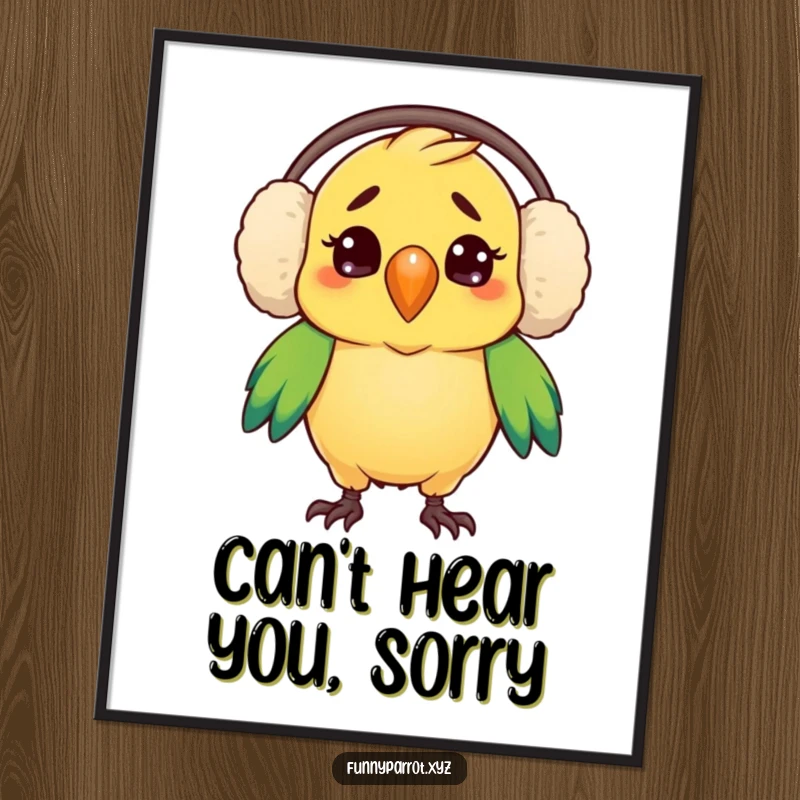 Funny digital art print of a parrot comically confused in oversized earmuffs, perfect for instant humorous wall decor.