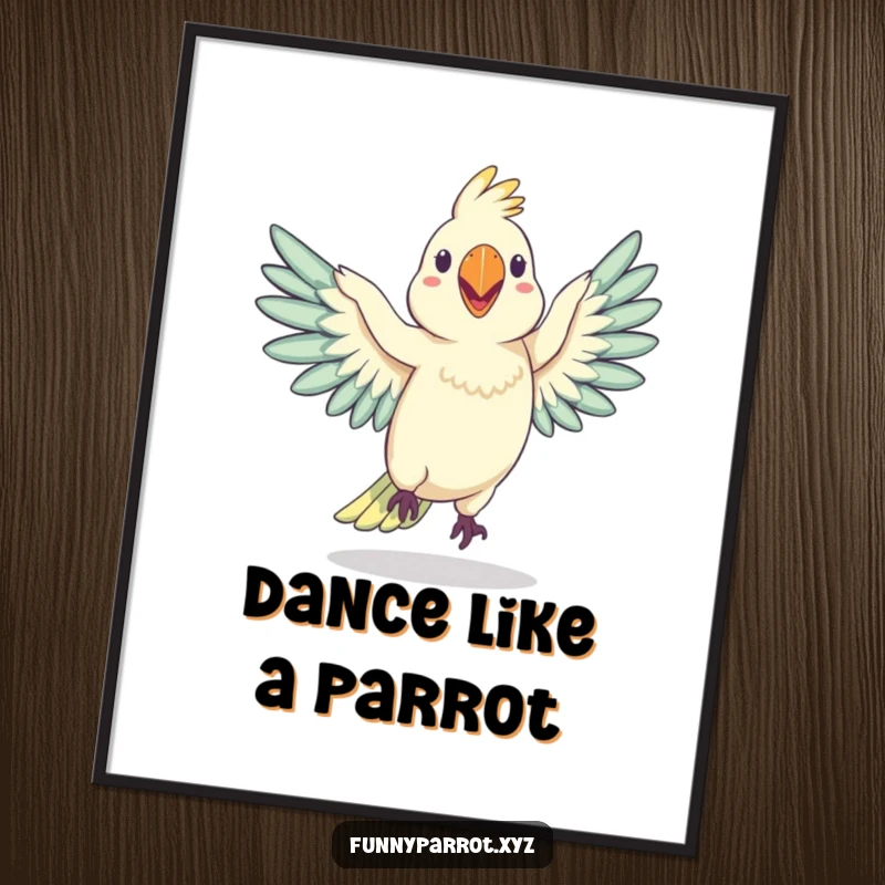 Funny digital art print of a silly parrot doing a hilarious wobbly dance with wings outstretched, perfect for instant, humorous wall decor.