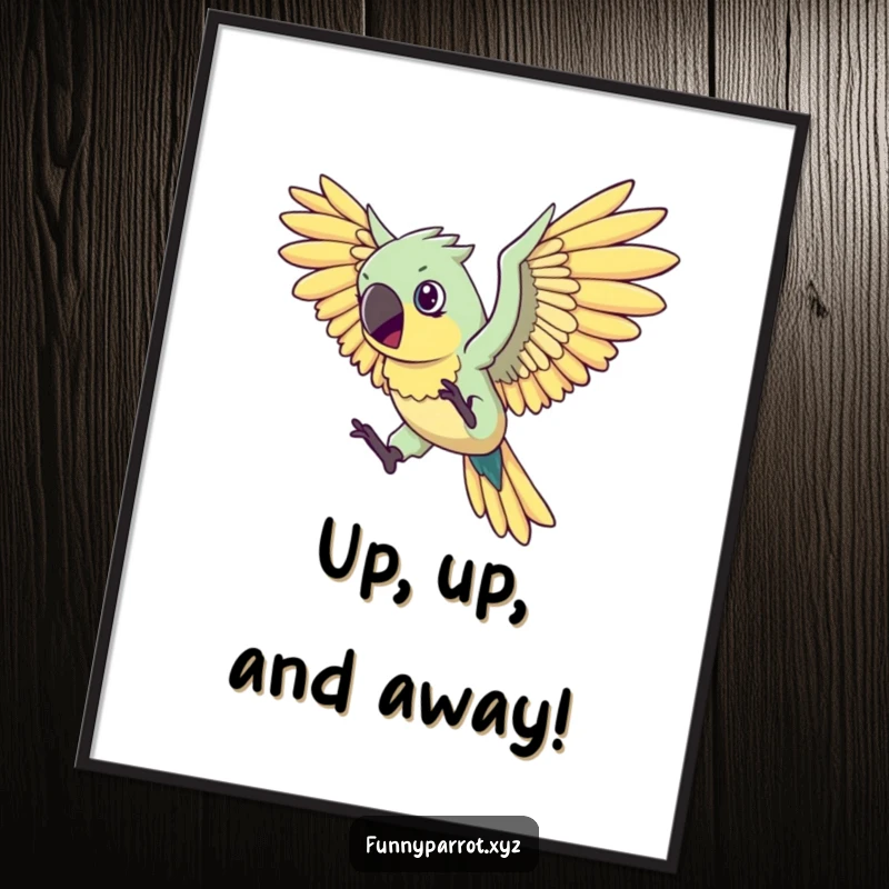 Funny flying parrot digital art print showing a determined parrot with oversized, comical wings attempting to fly, full of humorous ambition.