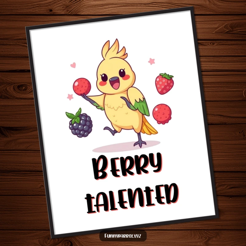 Funny parrot digital art print of a playful bird skillfully juggling three colorful berries.