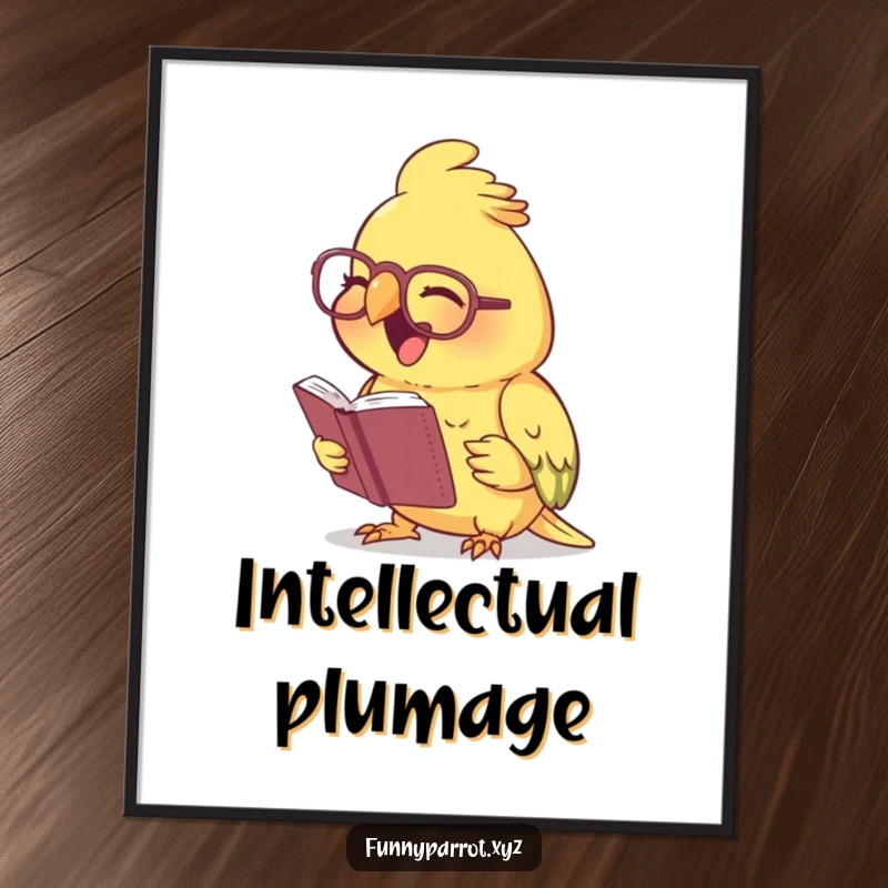 Funny laughing parrot digital art print showing a parrot wearing tiny spectacles, reading a minuscule book and laughing heartily with intelligence.
