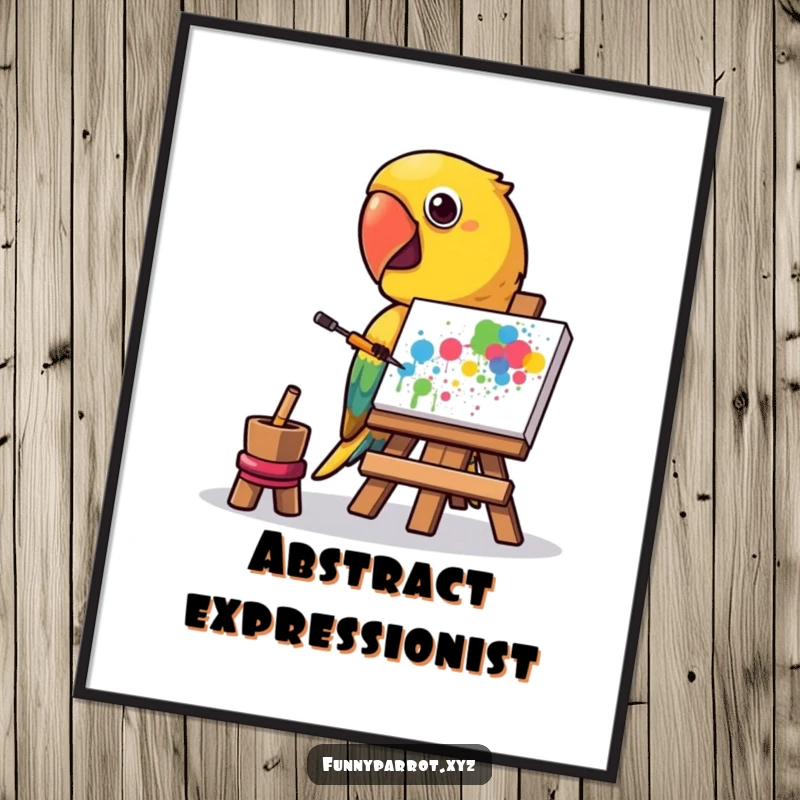 Funny digital art print of a parrot painting a vibrant abstract splatter with its beak, perfect for humorous decor.