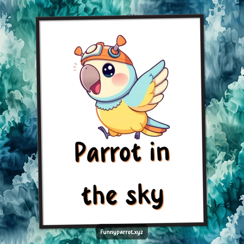 Funny digital art print of a vibrant parrot wearing a tiny propeller hat, joyfully zipping through the air, adding cheer.