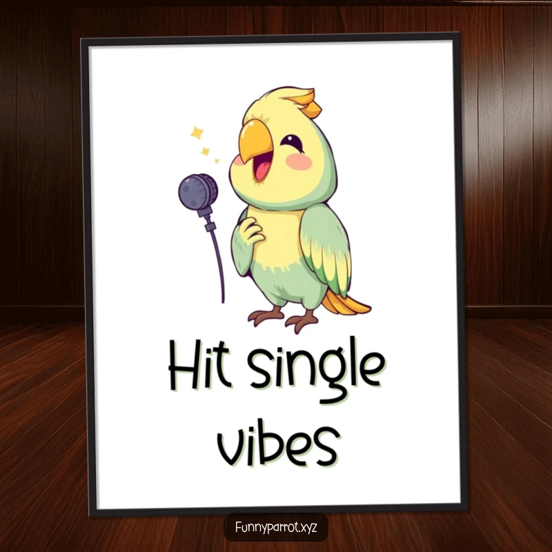 Funny digital art print of a happy parrot holding a tiny microphone, squawking a cheerful tune, perfect for instant, humorous music decor.
