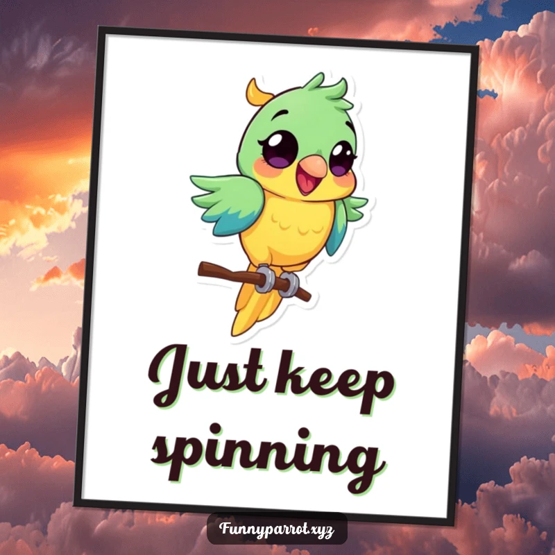 Funny parrot digital art print of a vibrant bird with wide eyes, excitedly spinning on a perch.