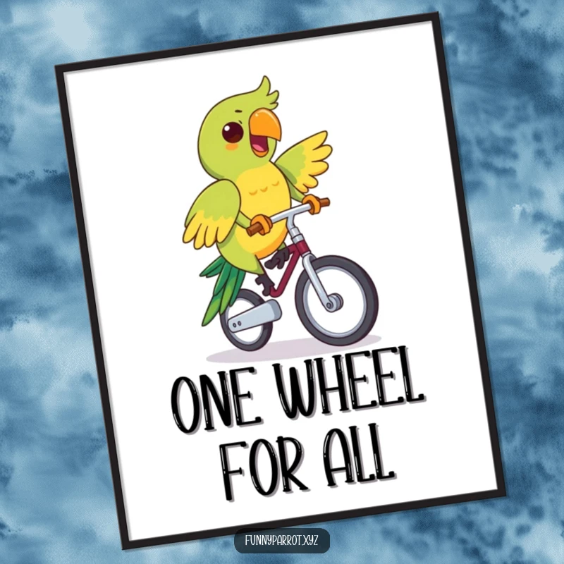 Funny digital art print of a parrot enthusiastically riding a unicycle with a determined expression, perfect for humorous decor.