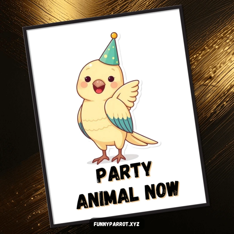 Funny parrot digital art print of a parrot in a party hat, flapping wings happily, for vibrant and humorous decor.