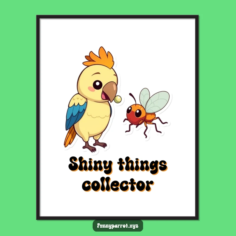Funny Parrot Digital Art: Parrot Offers Shiny Bead to Bug, Instant Humorous Decor, Funny Gift