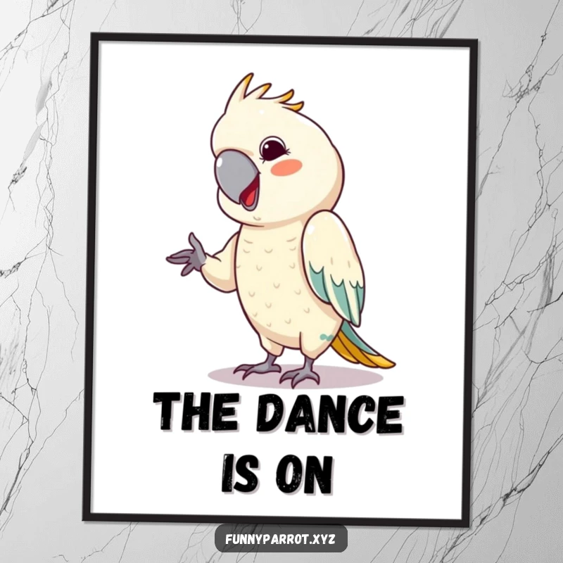 Funny parrot digital art print of a bird with a cheeky grin, performing a tiny dance move.