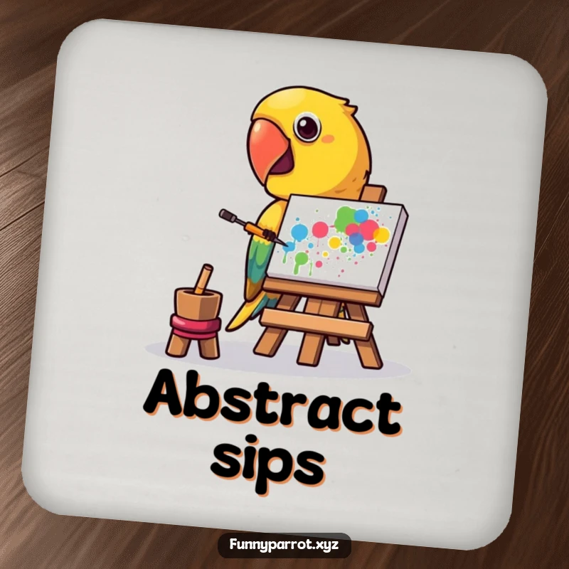 Funny drink coasters featuring a parrot painting an abstract splatter, adding humor and protecting surfaces.