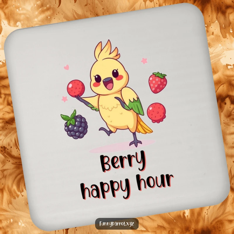 Funny parrot drink coasters featuring a playful bird skillfully juggling three colorful berries.