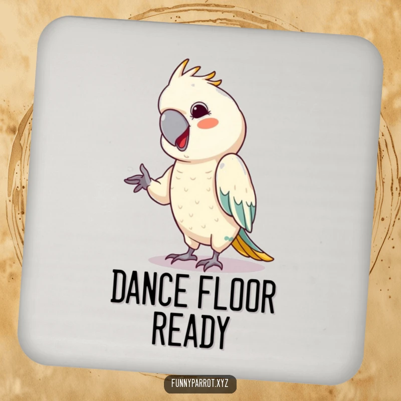 Funny parrot drink coasters featuring a bird with a cheeky grin, performing a tiny dance move.