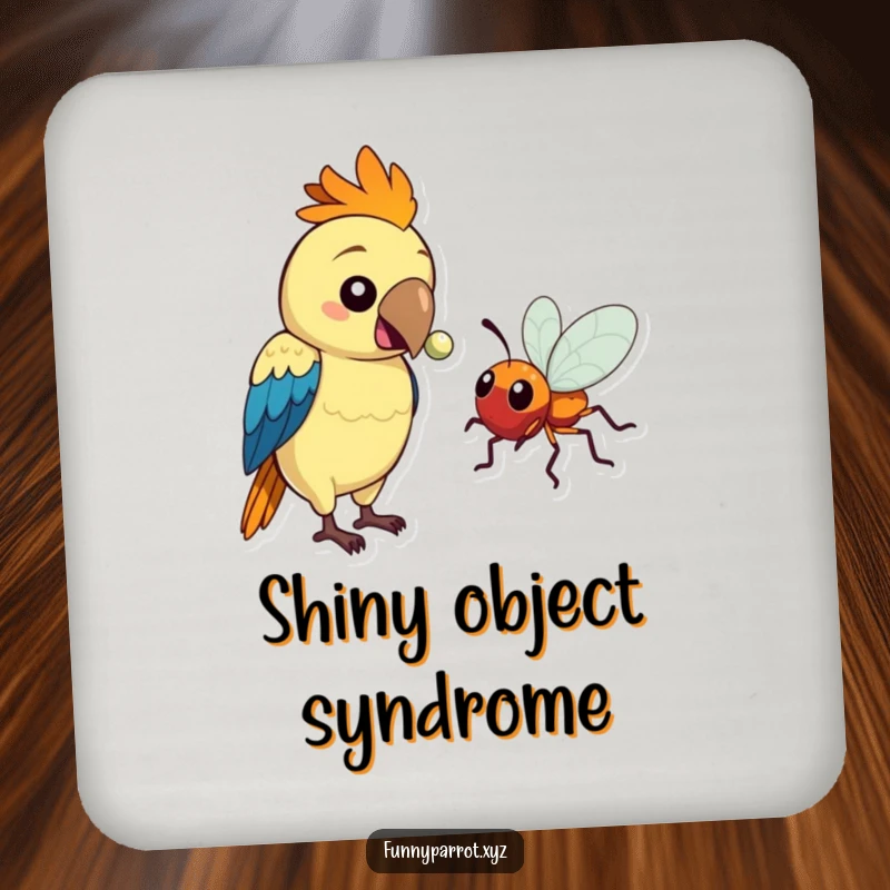 Funny drink coasters with a parrot offering a shiny bead to a bug, adding humor and protection to surfaces.