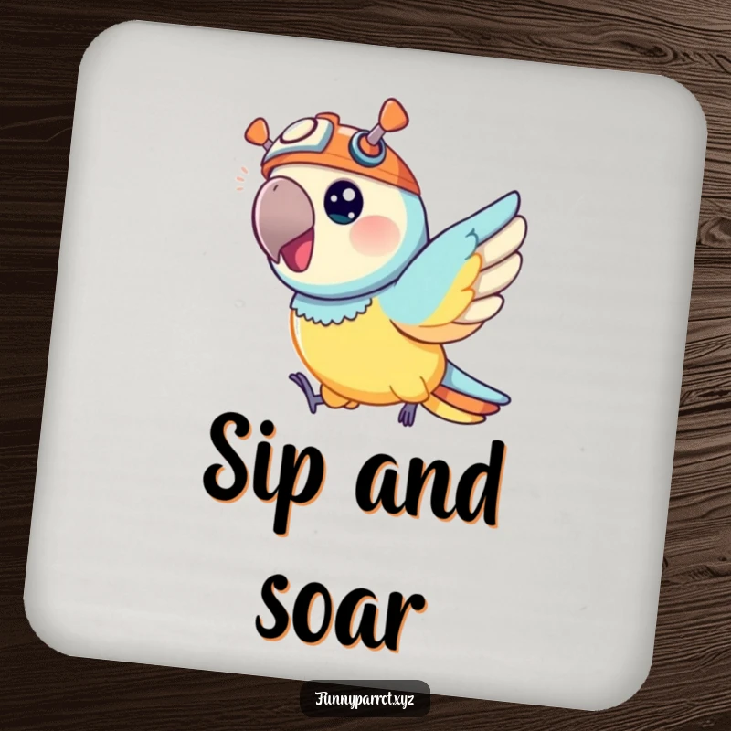 Funny coasters featuring a vibrant parrot wearing a tiny propeller hat, joyfully zipping through the air, protecting surfaces.