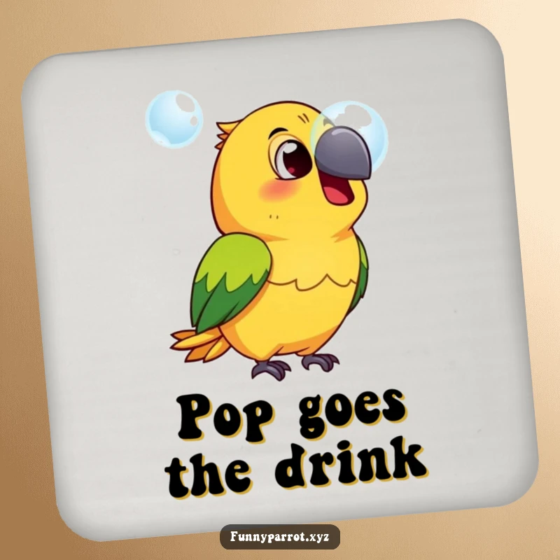 Funny surprised parrot drink coaster featuring a parrot with beak open, surprised by a bubble, protecting surfaces with humor.