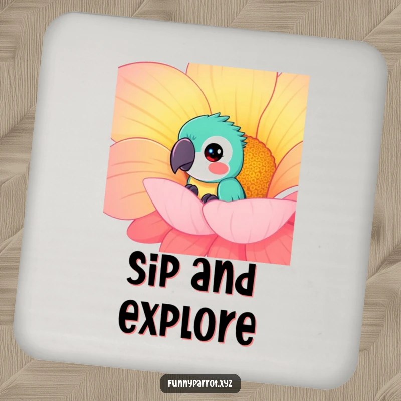 Funny curious parrot drink coaster featuring a parrot peeking out from behind a large, colorful flower, protecting surfaces with humor.