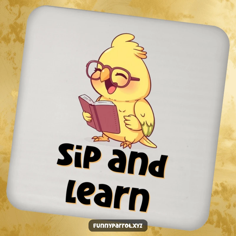 Funny laughing parrot drink coaster featuring a parrot wearing tiny spectacles, reading a small book and laughing, protecting surfaces with humor.