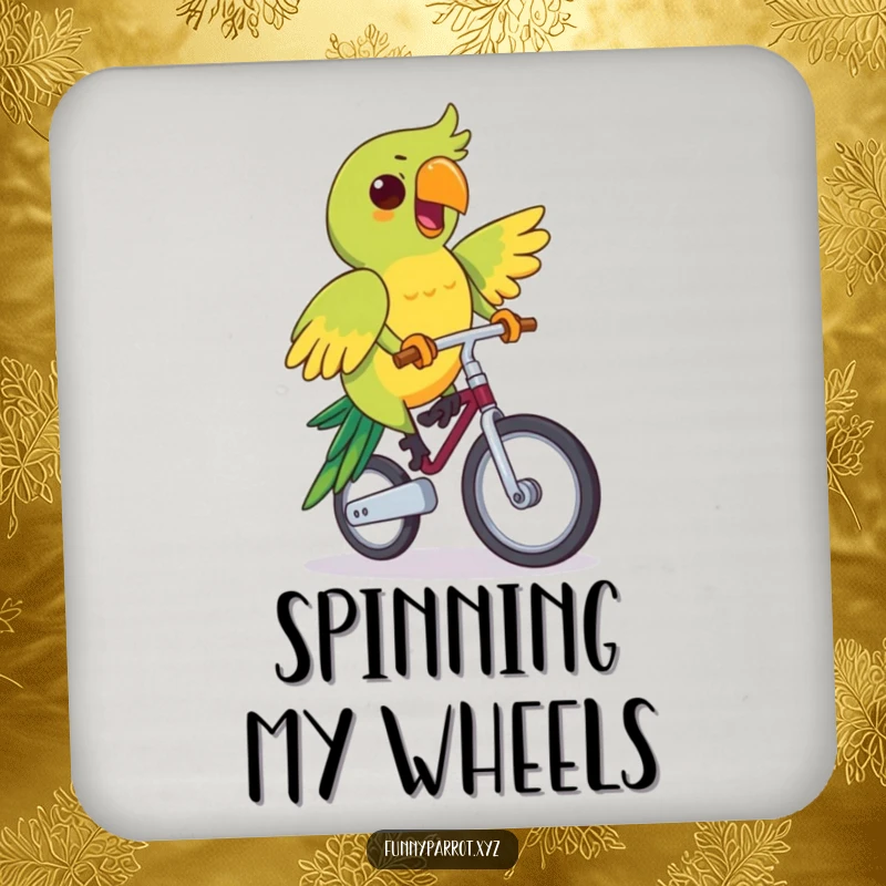 Funny drink coasters featuring a parrot enthusiastically riding a unicycle, adding humor and protecting surfaces.