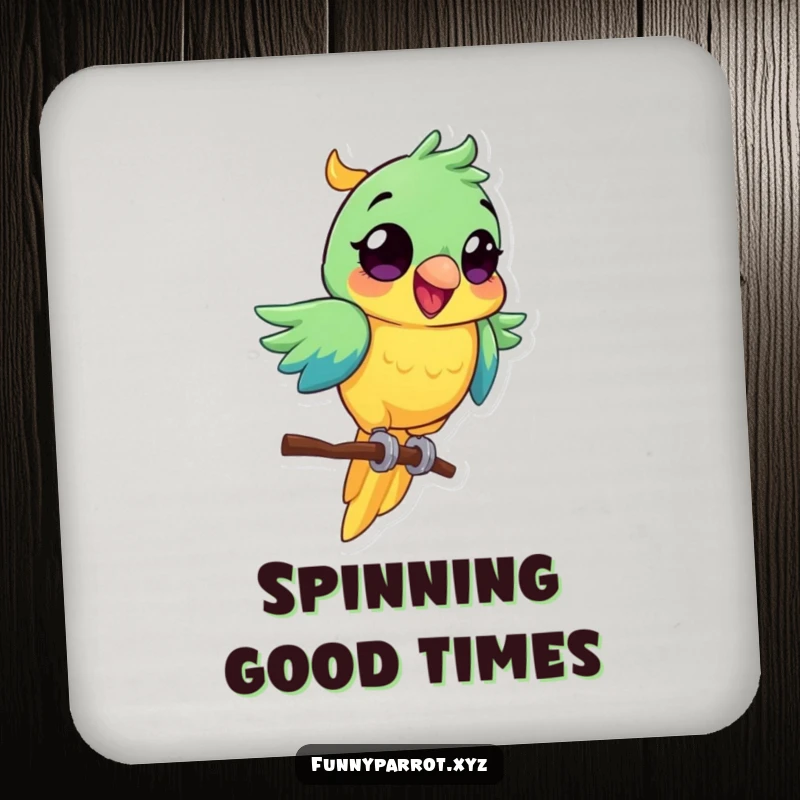 Funny parrot drink coasters featuring a vibrant bird with wide eyes, excitedly spinning on a perch.