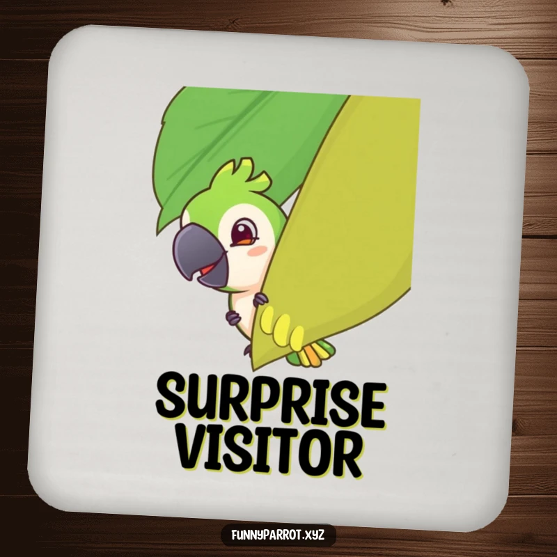 Funny drink coasters featuring a parrot playfully peeking with a mischievous grin, adding humor and protecting surfaces.