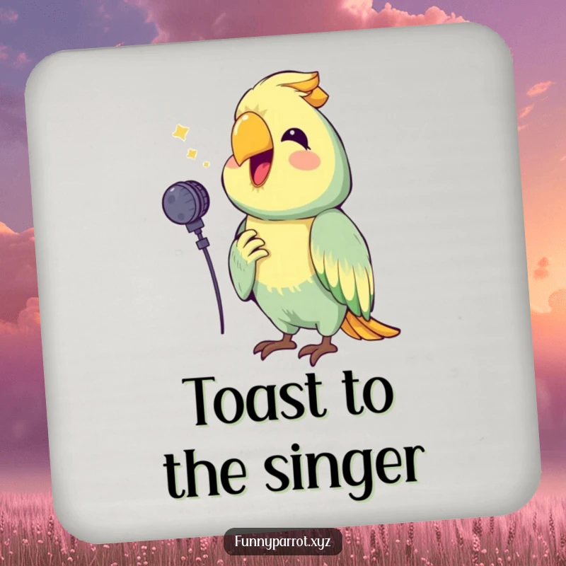 Funny drink coaster featuring a happy parrot holding a tiny microphone, squawking a cheerful tune, adding musical humor to any beverage setting.
