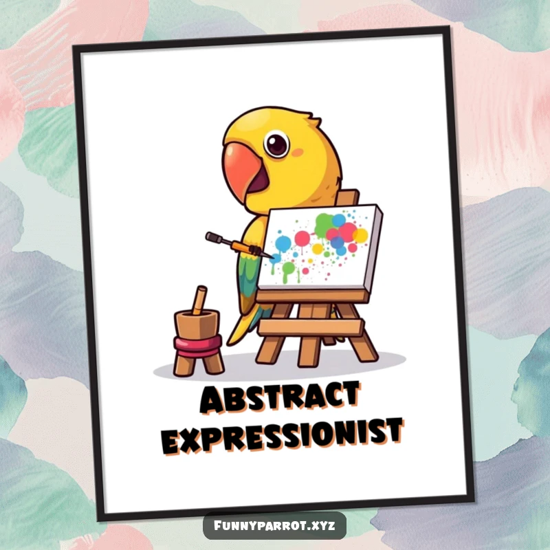 Funny poster art depicting a parrot painting a vibrant abstract splatter with its beak, perfect for humorous decor.