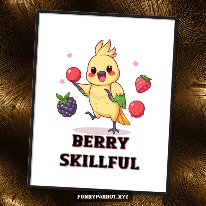 Funny parrot poster of a playful bird skillfully juggling three colorful berries with impressive flair.