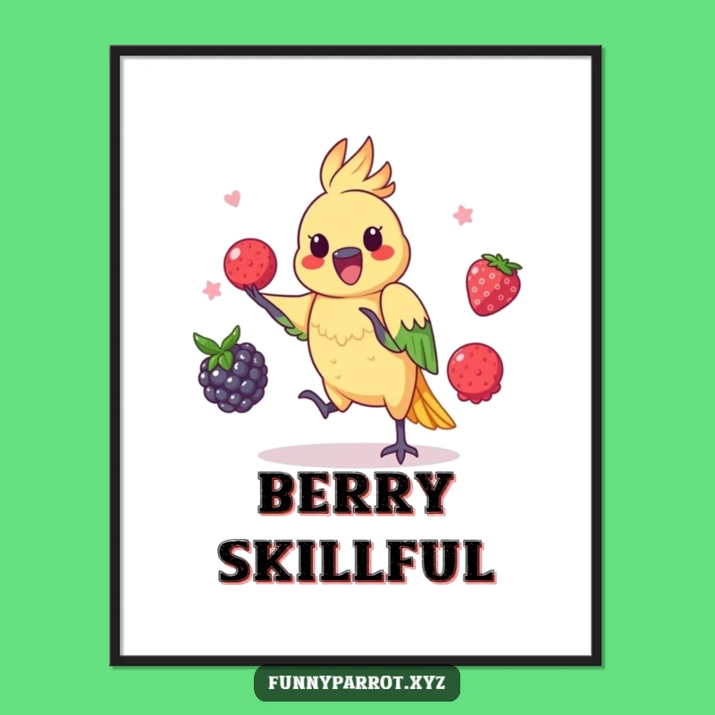 Juggling Parrot Poster: Funny Wall Art of a Playful Berry Juggler