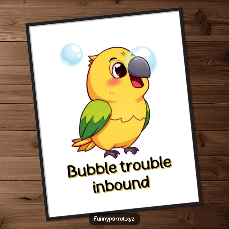 Funny surprised parrot poster showcasing a parrot with its beak open in shock while observing a floating bubble, adding humor to decor.
