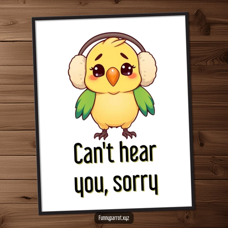 Funny poster art depicting a parrot comically confused by oversized earmuffs, ideal for humorous wall decor.