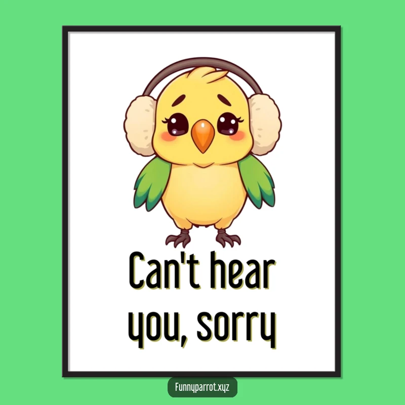 Funny Parrot Earmuffs Poster: Confused Parrot Art, Whimsical Wall Decor, Perfect Funny Gift