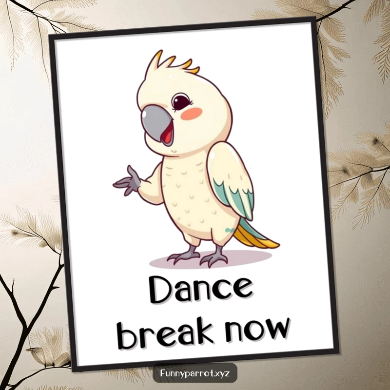 Funny parrot poster of a bird with a cheeky grin, performing a tiny, energetic dance move.